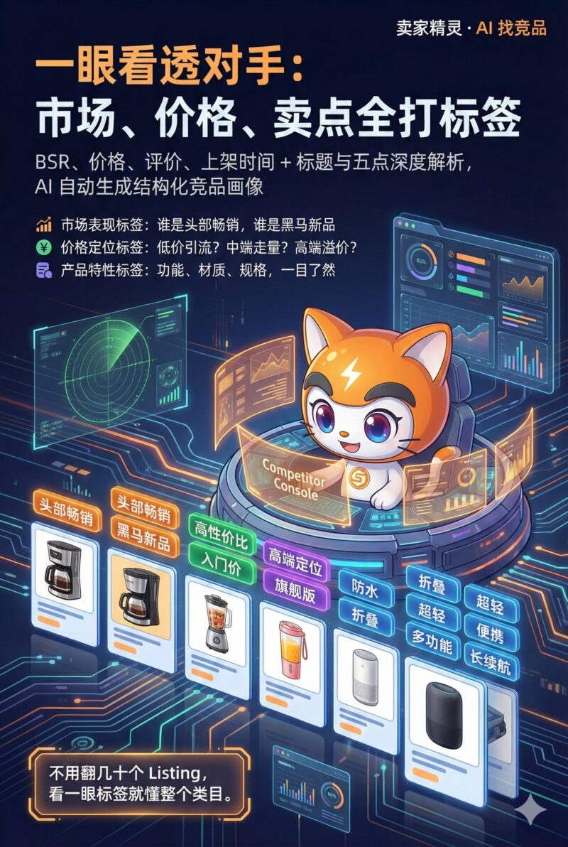 竞品分析新姿势!用卖家精灵AI 找竞品,输入 ASIN 秒出精准竞品,自动生成三大标签: ✅ 市场标签:头部畅销 / 黑马新品 ✅ 价格标签:低价引流 / 中端走量 / 高端溢价 ✅ 特性标签:功能 / 材质 / 规格一目了然 告别人工翻找 Listing,结构化竞品画像直出,快速吃透类目竞争格局!
