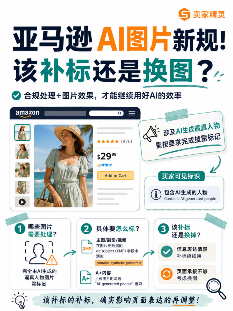亚马逊开始要求披露AI人物图，很多卖家担心：以前做的AI模特图是不是都要重新换？​ 其实没必要一刀切，重点关注AI生成的逼真人物素材即可。​ 合规处理的同时，也可以用卖家精灵【AI-Listing诊断】→「视觉图片分析」，判断现有图片的质量和价值，再决定是否更换，避免为了合规把有效素材也浪费掉。